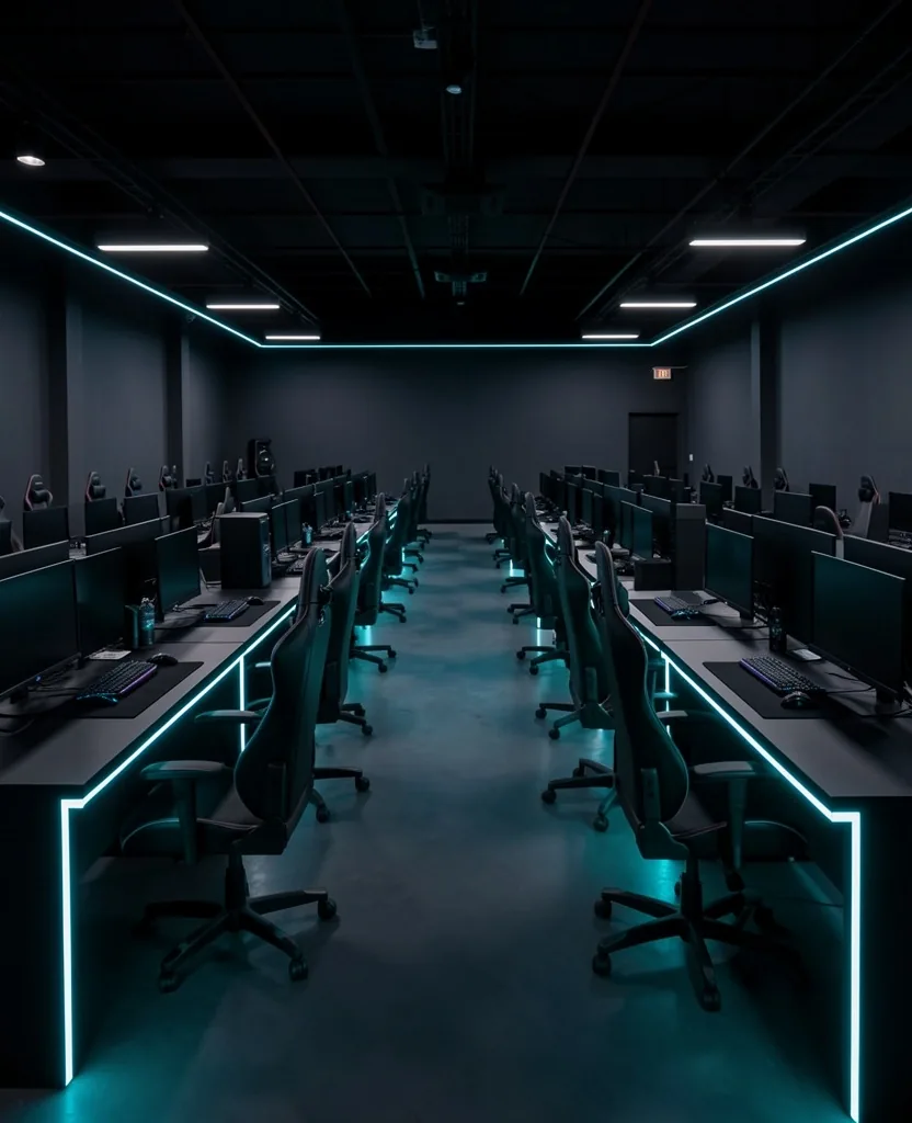 Sala de estaciones de trabajo Toscavero en Pereira con iluminación cian