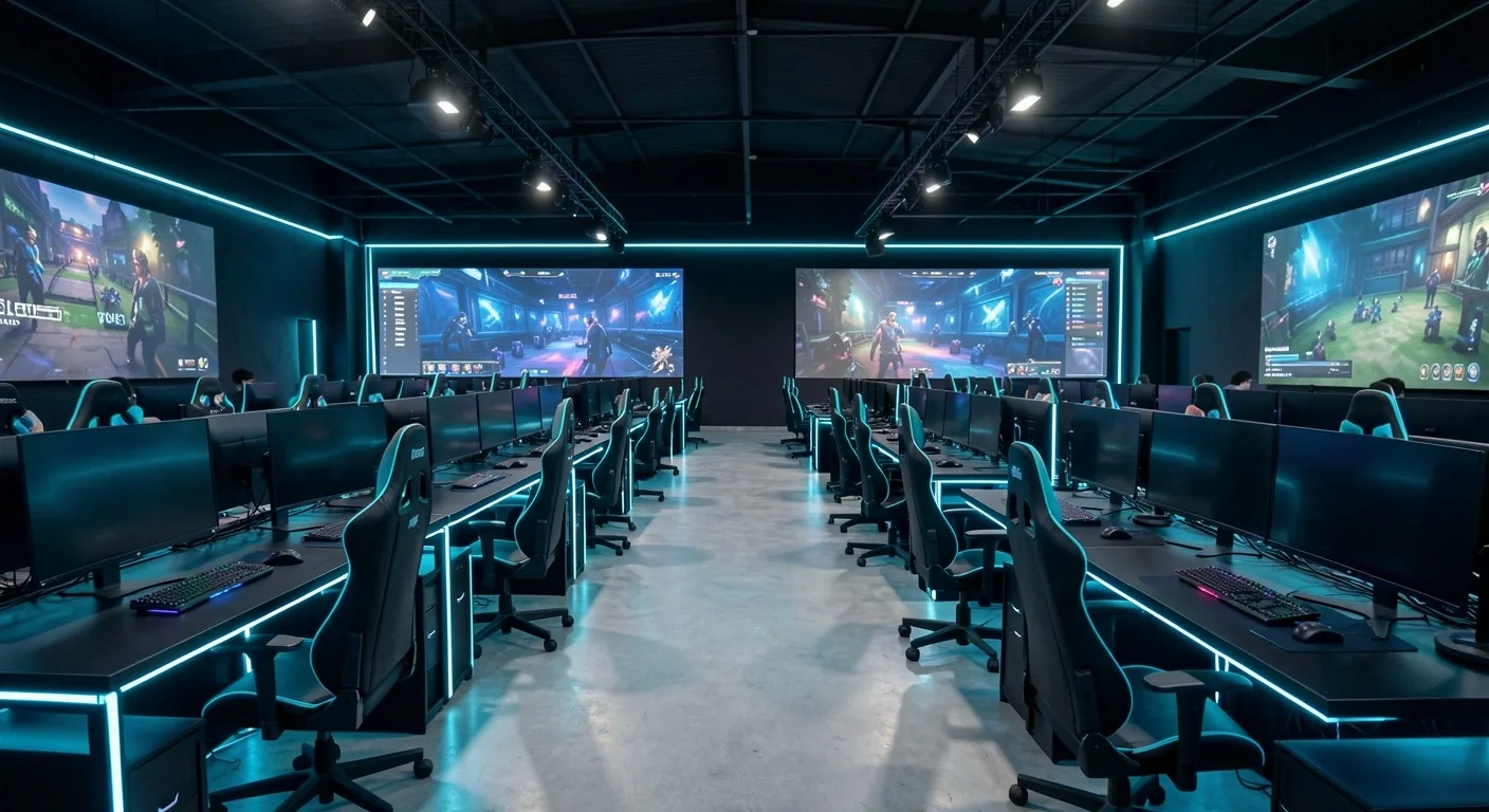 Arena principal de Toscavero Cyber Hub con estaciones de competencia iluminadas en cian
