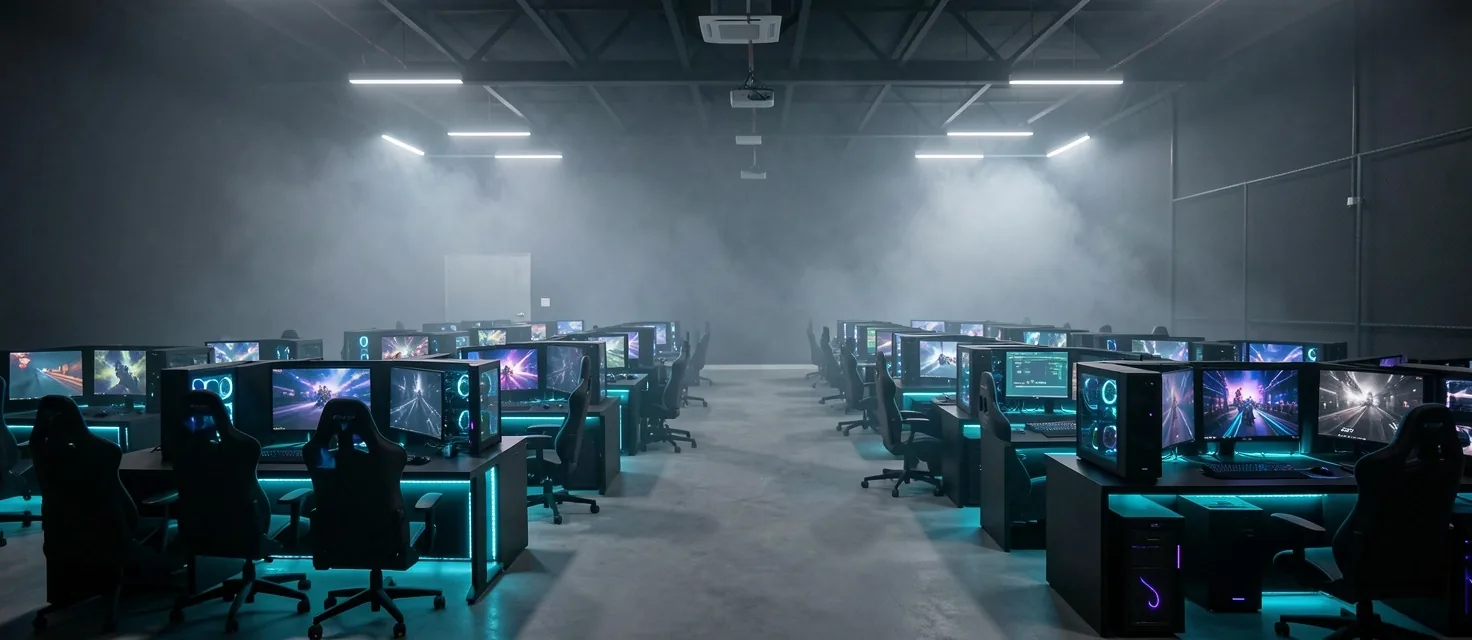 Arena de competencia con filas de estaciones de trabajo iluminadas con cian