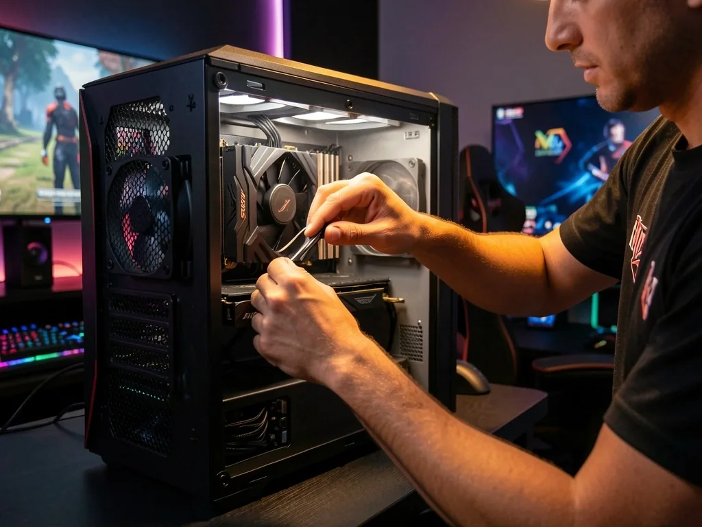 Soporte técnico realizando mantenimiento en una torre de computadora