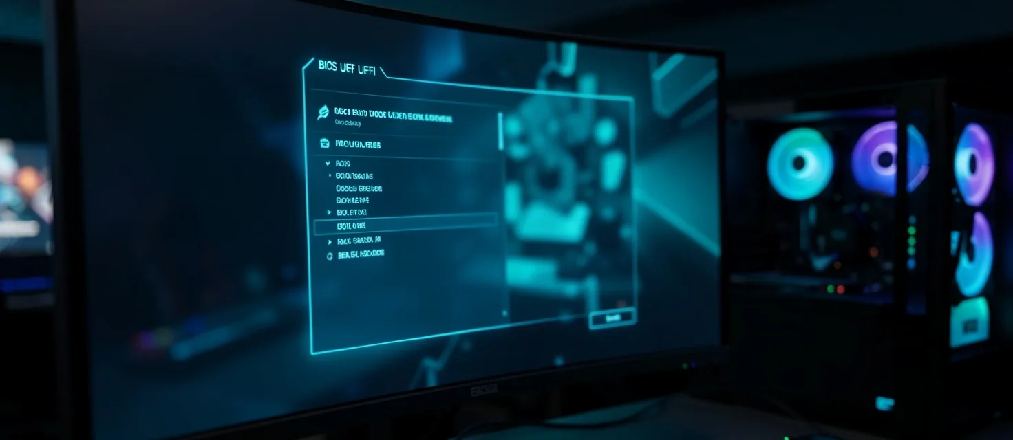 Pantalla de configuración de BIOS con iluminación de cian