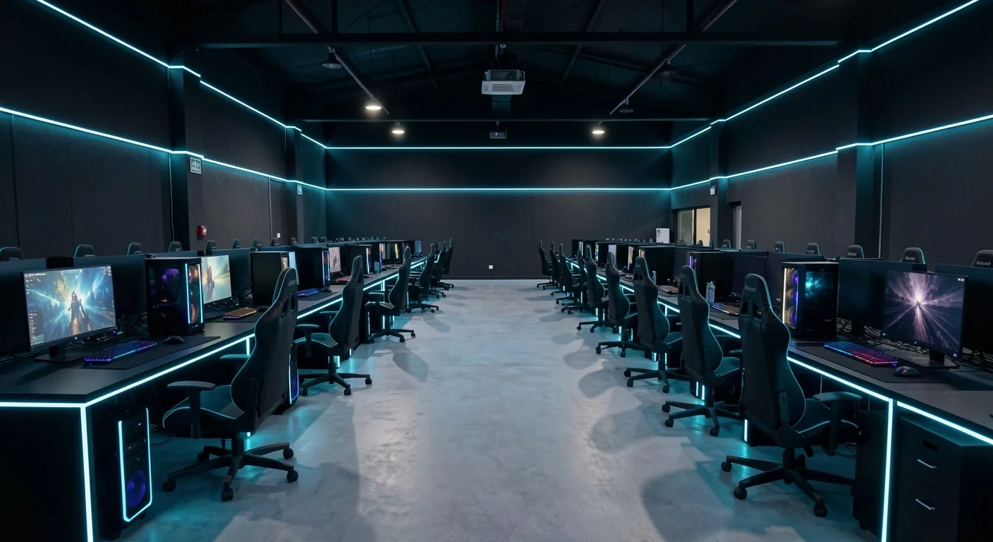 Sala principal de Toscavero Cyber Hub con iluminación cyan y estaciones de trabajo de alto rendimiento