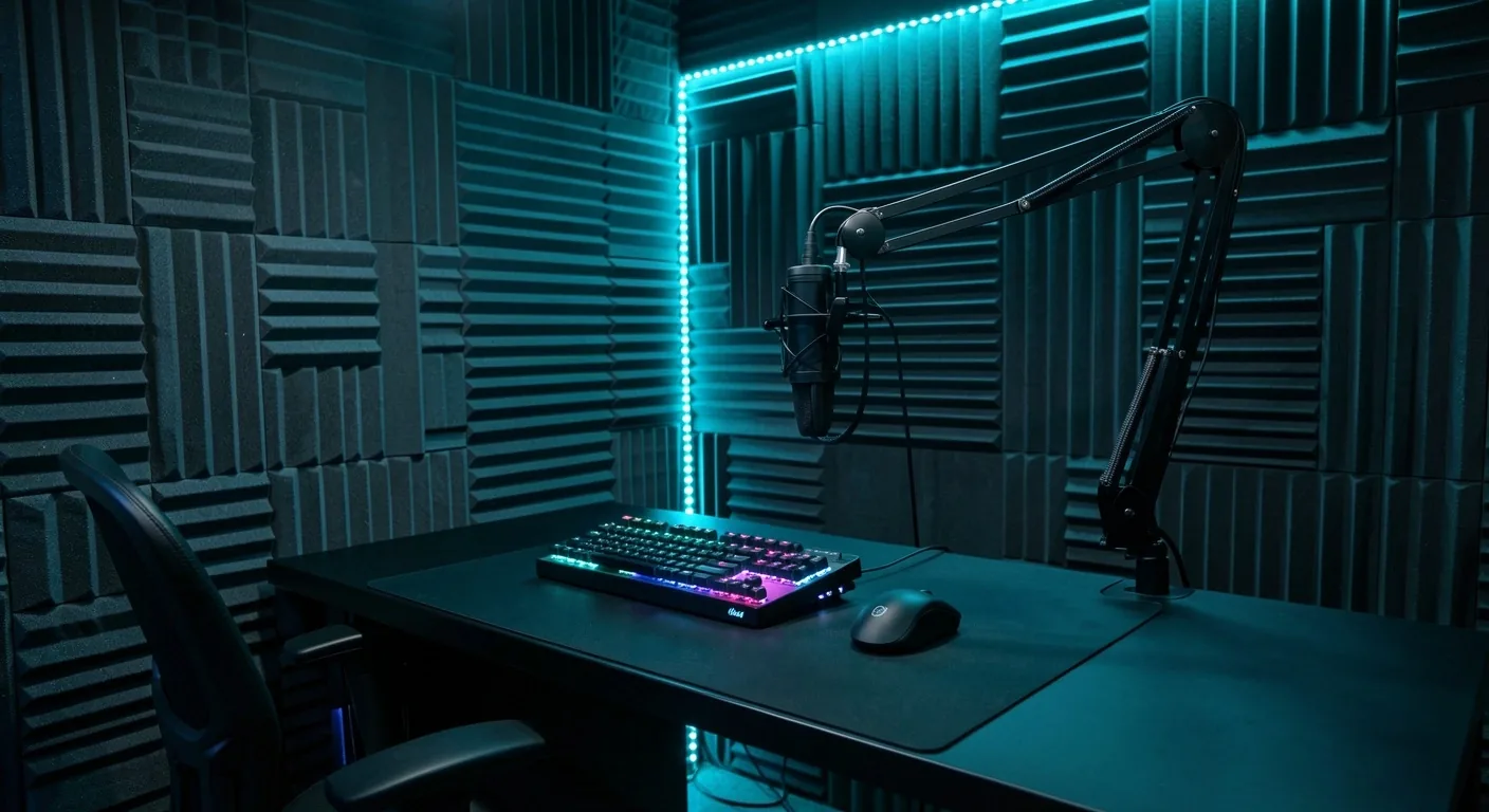 Cabina VIP privada con tratamiento acústico e iluminación ambiental cian